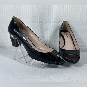 7058: Miu Miu Black Patent Crystal Heel Peep Toe Pumps 38.5